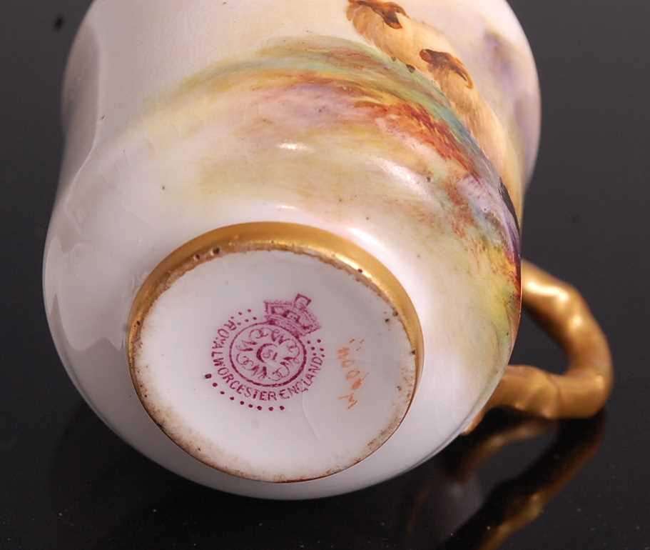 A Royal Worcester porcelain miniature cabinet cup and saucer, painted in polychrome enamels with two - Image 5 of 5