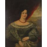 Late 18th century English school - Half-length portrait of a lady with landscape beyond, oil on