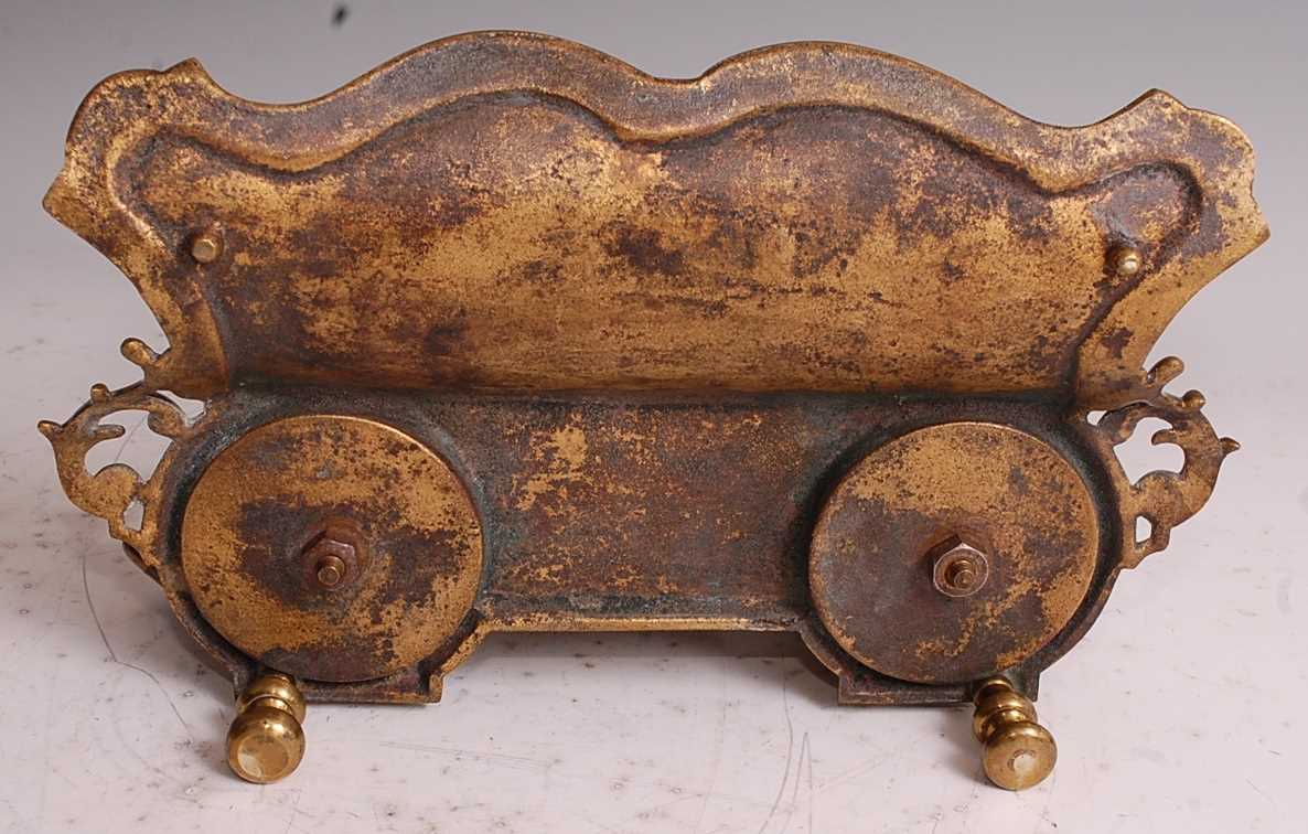 A late Victorian heavy gilt brass desk stand, having scoop pen tray and twin inkwells, the brass - Image 10 of 10