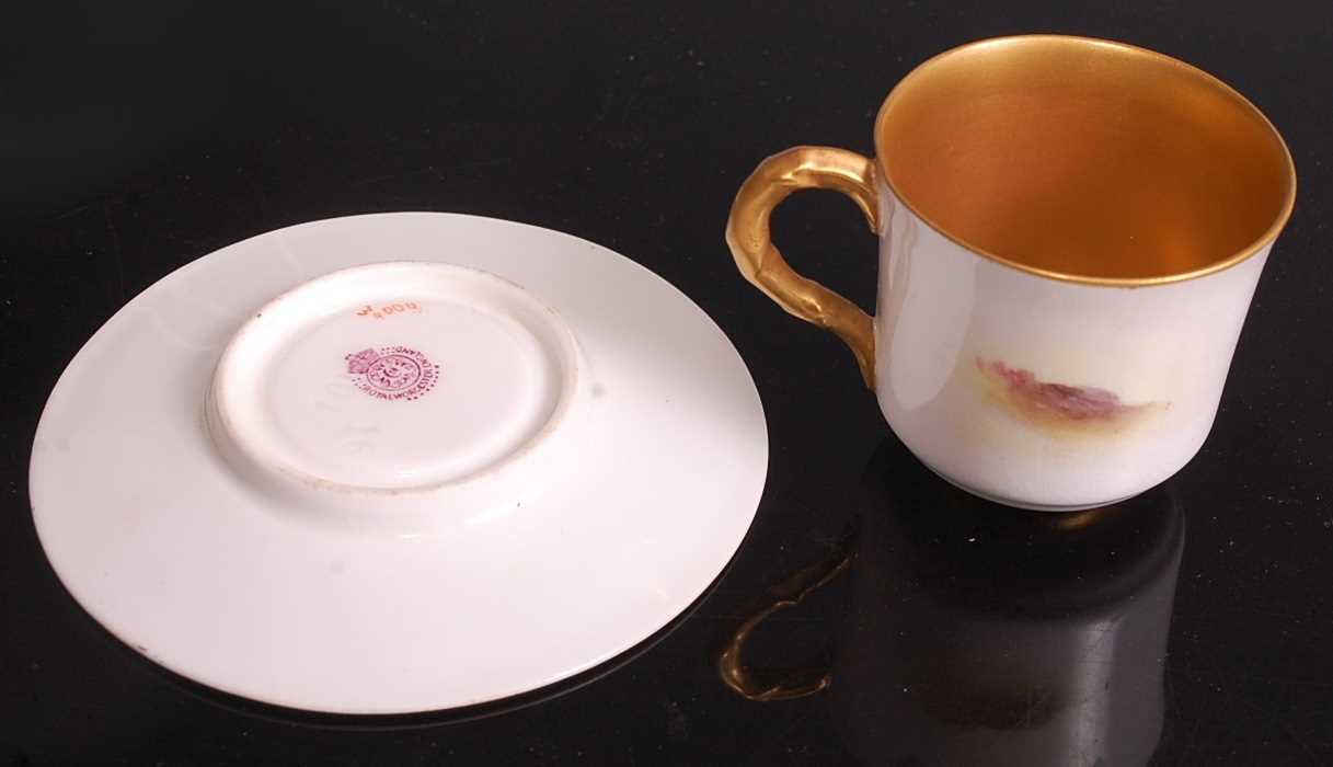 A Royal Worcester porcelain miniature cabinet cup and saucer, painted in polychrome enamels with two - Image 3 of 5