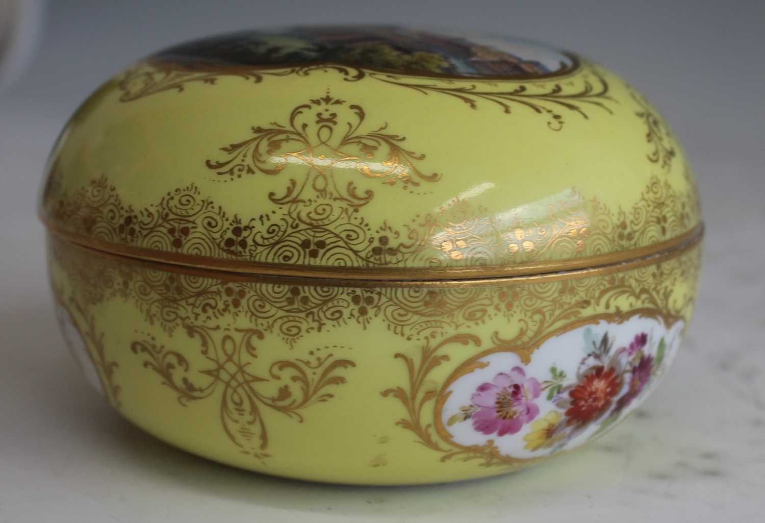 A late 19th century Meissen porcelain vanity pot and cover, the yellow ground richly decorated in - Image 10 of 10