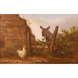Late 19th century English school - Donkey and chicken at the farm gate, oil on panel, monogrammed JM