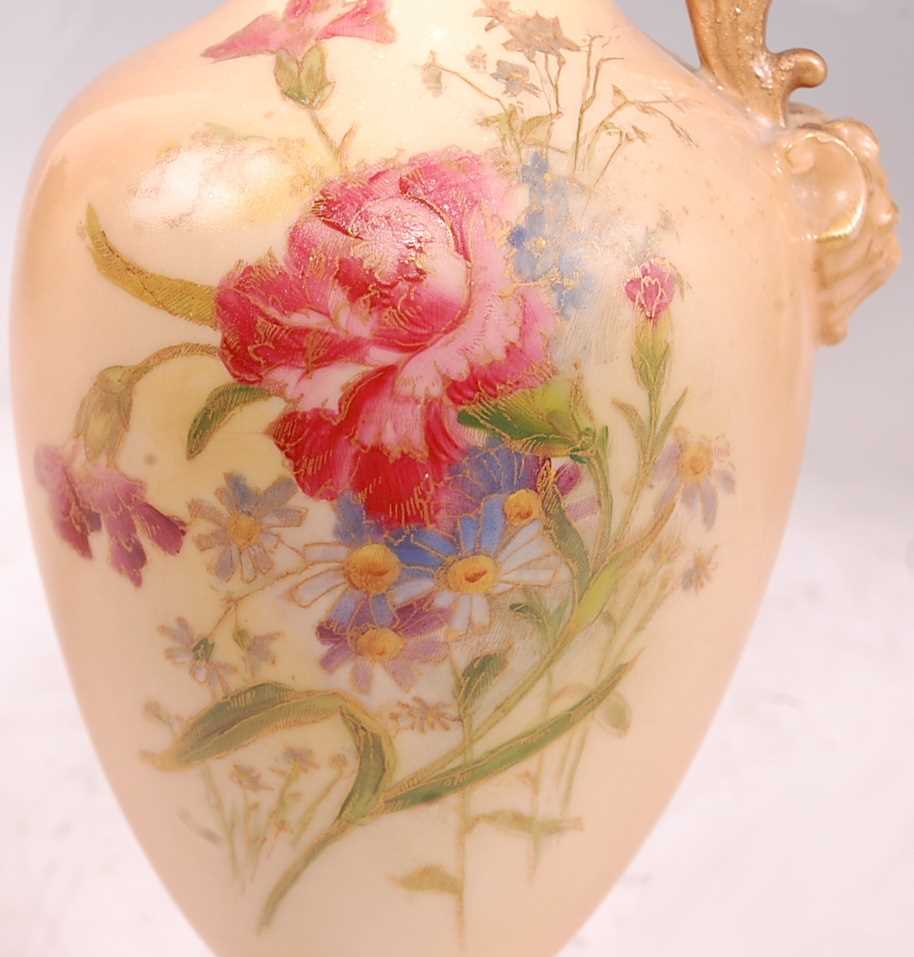 A pair of Edwardian Royal Worcester porcelain pedestal ewers, hand-painted floral decoration on a - Image 13 of 17