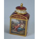 A late 19th century Vienna porcelain tea canister and cover, the obverse painted with a classical