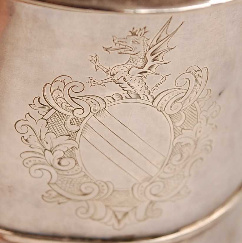 A George I silver lidded tankard, of plain tapering cylindrical form with banded girdle, having - Image 12 of 19