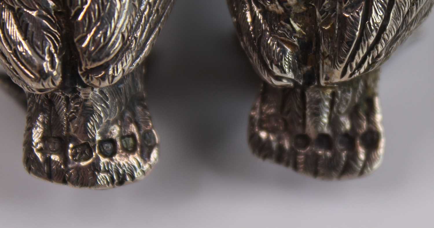 A pair of Victorian novelty silver salt and pepper cruets modelled as standing grouse, with - Image 6 of 9