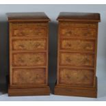 A pair of oak and burr oak bedside chests, having a crossbanded top and brushing slide, over four