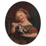 Philipp Hoyoll (German 1818-1876) - Half-length portrait of a girl holding a kitten, oil on