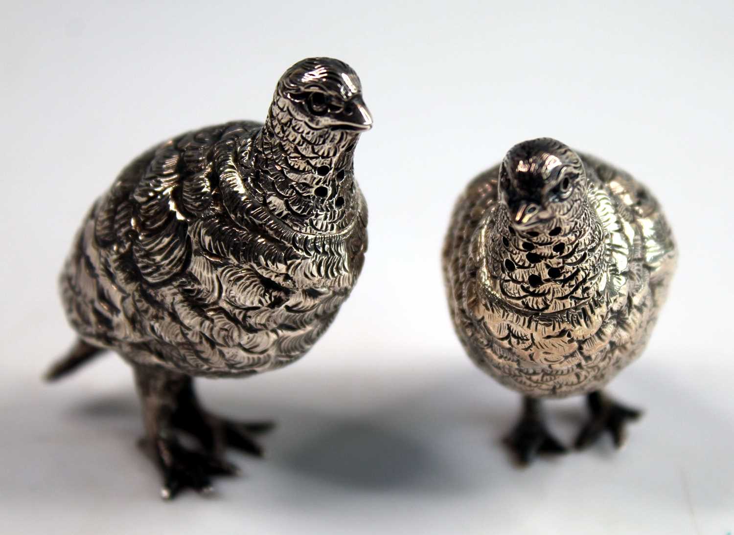 A pair of Victorian novelty silver salt and pepper cruets modelled as standing grouse, with - Image 2 of 9