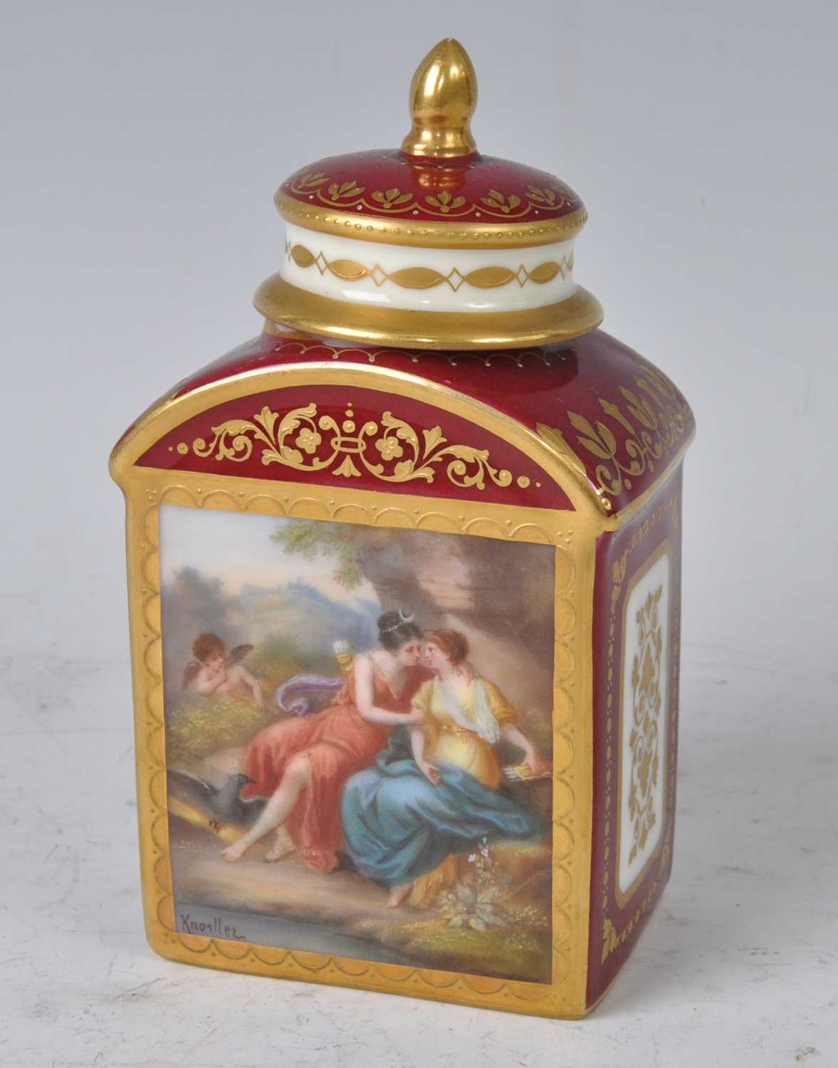 A late 19th century Vienna porcelain tea canister and cover, the obverse painted with a classical - Image 2 of 6