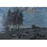 Richard Henry Brock (1871-1943) - Cattle on Grantchester Meadow, Cambridge, at moonlight, oil on