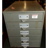 A painted metal bank of five table-top index filing drawers, w.23.5cm