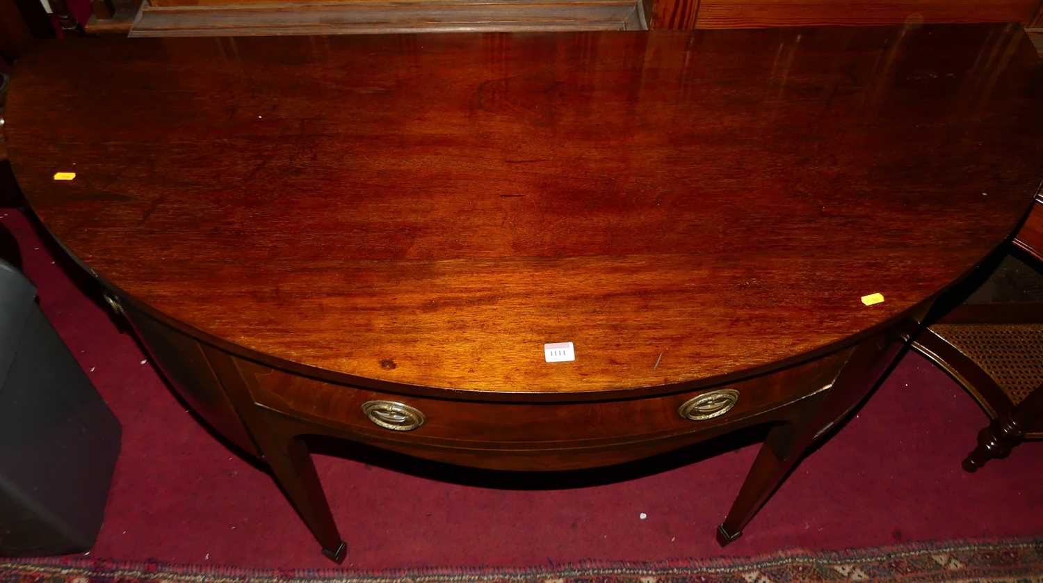 A 19th century mahogany demi-lune sideboard, having single central drawer flanked by cupboard doors, - Image 2 of 5