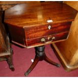 An early 19th century mahogany hinge top work box, with canted corners and on outswept supports (one