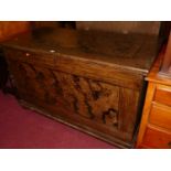 A large 19th century scrumble finished pine hinge top blanket chest, raised on bun supports, width