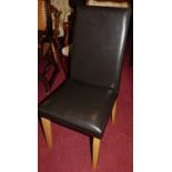 A set of six contemporary chocolate brown leather upholstered dining chairs
