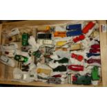 Two trays containing 80+ loose unboxed Matchbox, Majorette, and Corgi junior models in play-worn