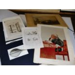 A folio and contents of prints, to include engravings, Vanity Fair Spy prints, maps, bookplates