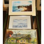 A box of assorted pictures and prints, to include amateur watercolour