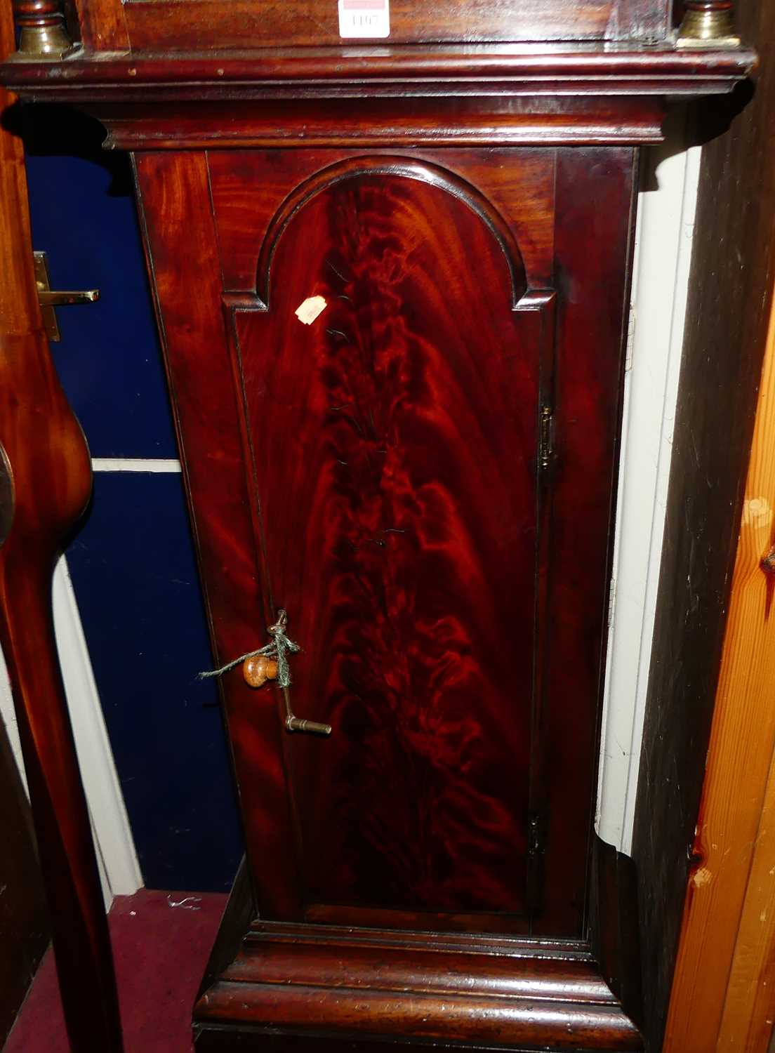 An early 19th century mahogany and flame mahogany longcase clock, having arched painted moonphase - Image 3 of 4