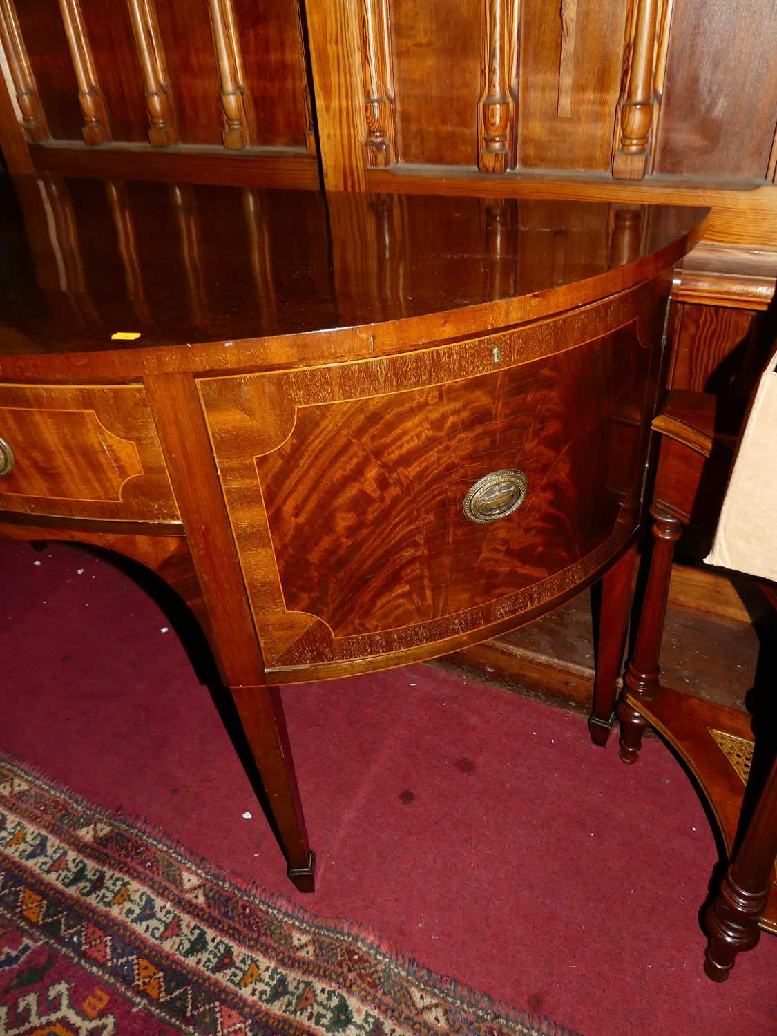 A 19th century mahogany demi-lune sideboard, having single central drawer flanked by cupboard doors, - Image 3 of 5