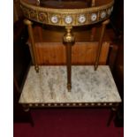 A French mahogany, gilt brass and porcelain mounted marble topped low occasional table, length 92cm,