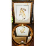 A reproduction gilt framed oval wall mirror, 62 x 45cm; and a contemporary watercolour and wash of a