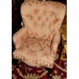 A contemporary pink floral silk damask buttoned upholstered armchair, width 63cm