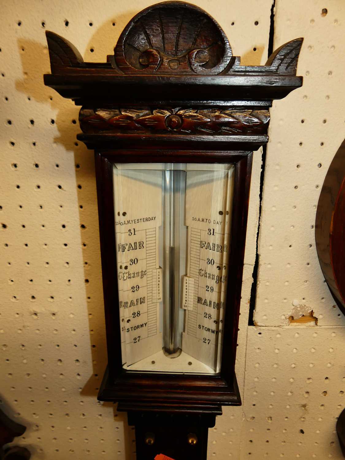 A Victorian relief carved oak two-dial stick barometer, h.102cm - Image 2 of 5