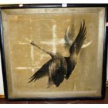 A Japanese printed velvet bird in ebonised frame, 72 x 78cm; together with a gilt composition