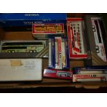 One tray containing 15 boxes of coaches by various makers to include Diapet, Tomica and others, to