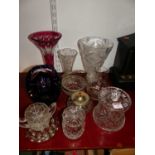 A ruby overlaid cut glass vase, of trumpet shape, h.26cm; together with various other cut and