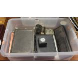 A box of miscellaneous items, to include a circa 1900 silver and blue velvet clad trinket box and
