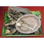A box of miscellaneous metalware, to include a pair of Old Sheffield Plate bottle coasters of