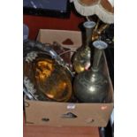 A box of miscellaneous items, to include a pair of Eastern brass vases, copper tray, pair of Tasco