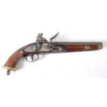 * A 19th century Belgian flintlock military holster pistol, the 23cm barrel with Liege proof mark,