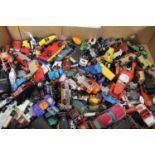 Two boxes of mixed playworn diecast models by Matchbox, Corgi etc (a lot)