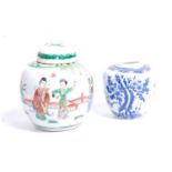 A Chinese export famille verte ginger jar, decorated with figures within a landscape, h.15cm;