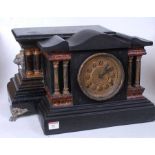 A Victorian faux slate cased mantel clock, of architectural form, having a painted dial flanked by