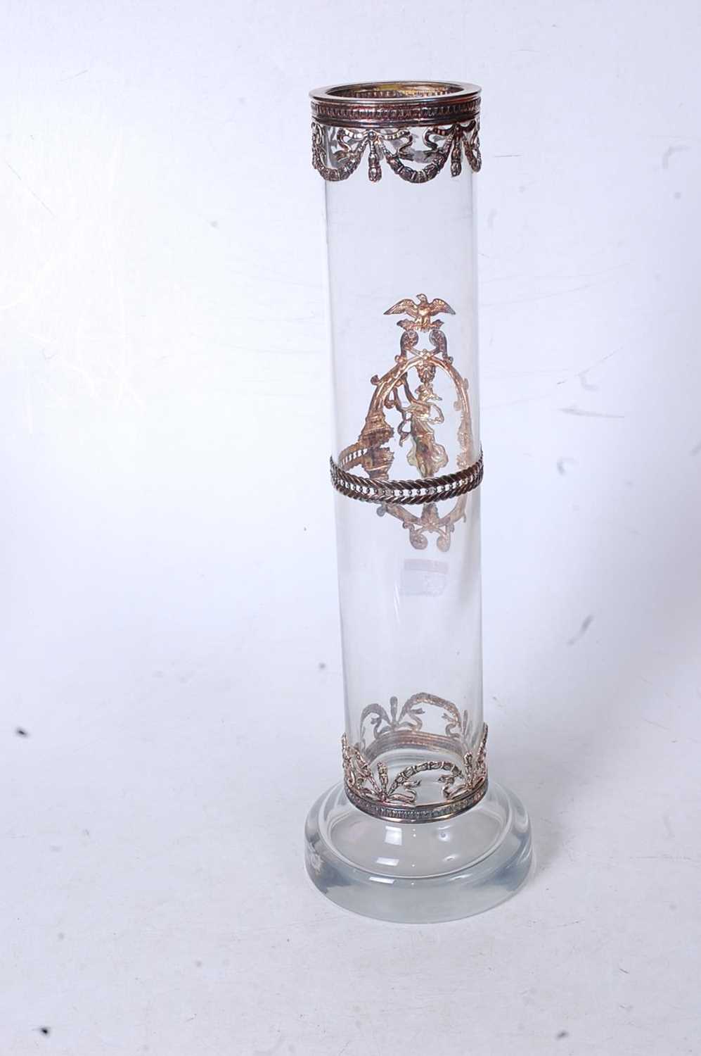 A large Continental clear glass vase, of cylindrical form, the central silver plated mount depicting - Image 2 of 4