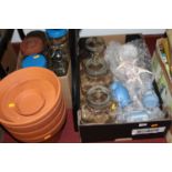 Three glass storage jars; together with Wedgwood and other blue jasper wares; terracotta jardinieres