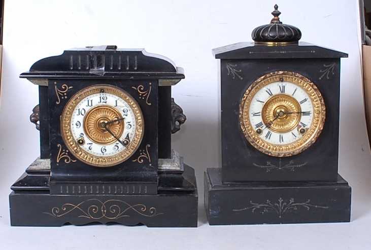 A late Victorian black slate mantel clock of architectural form having an enamelled chapter ring - Image 3 of 3