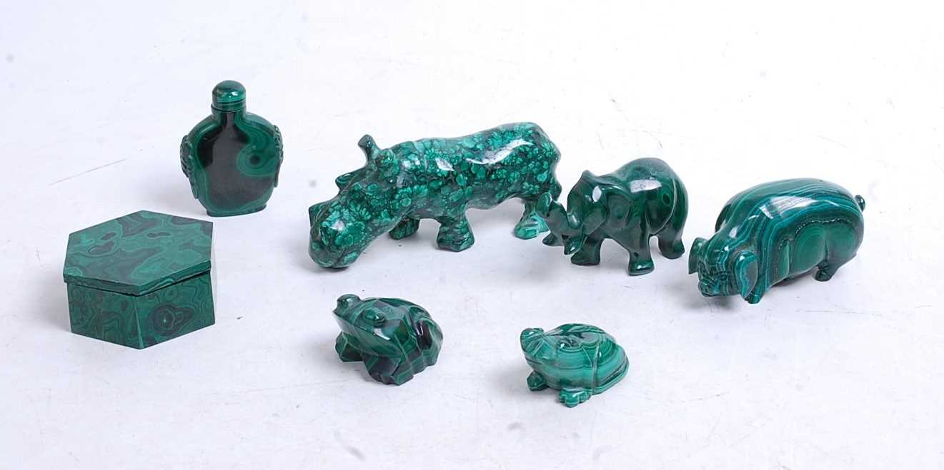 A collection of seven malachite carvings, to include hippopotamus, frog, elephant etc, the largest