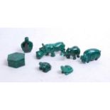 A collection of seven malachite carvings, to include hippopotamus, frog, elephant etc, the largest