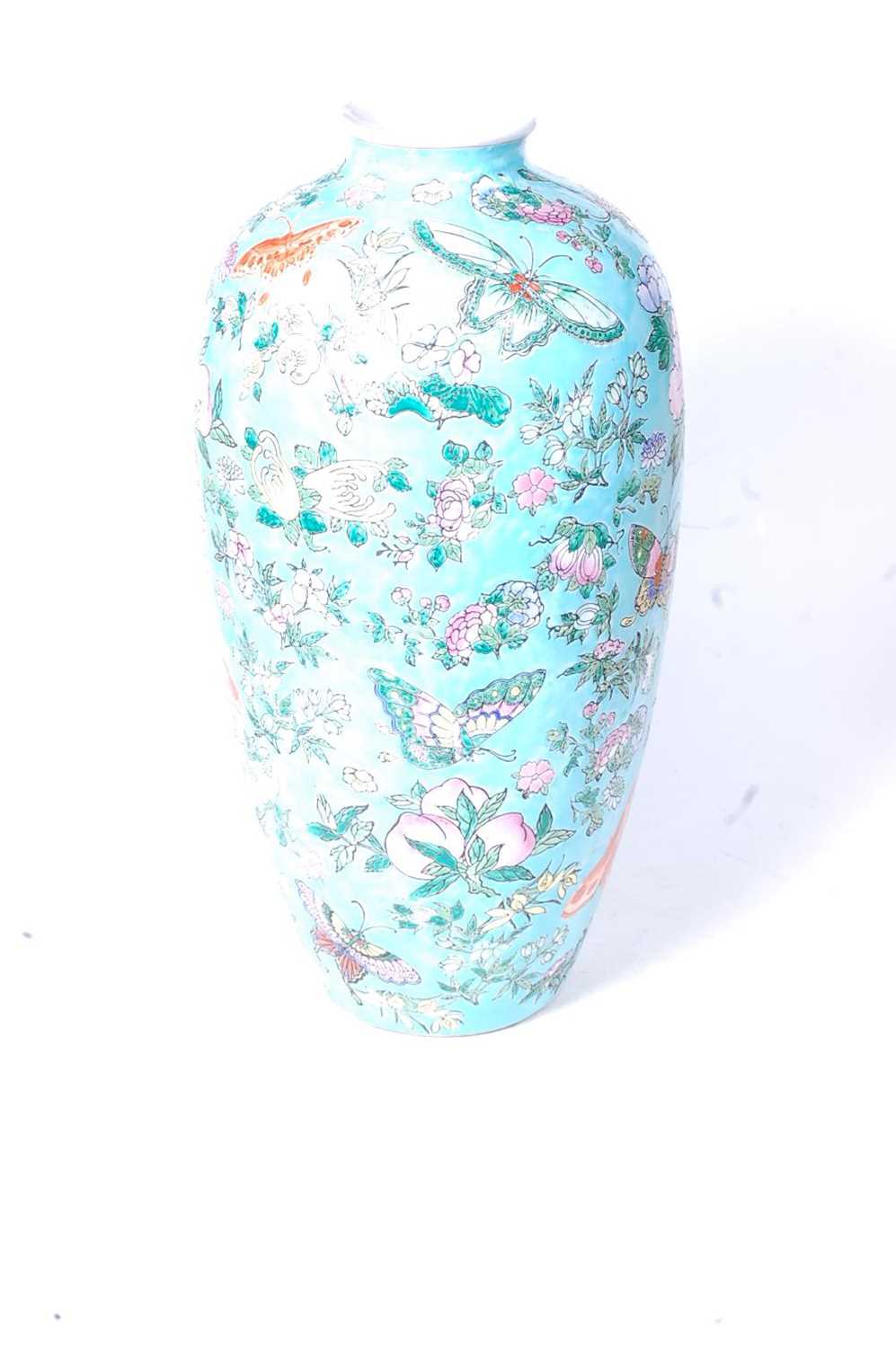 A Chinese export Meiping vase, on a turquoise ground enamel decorated with butterflies and - Image 5 of 6