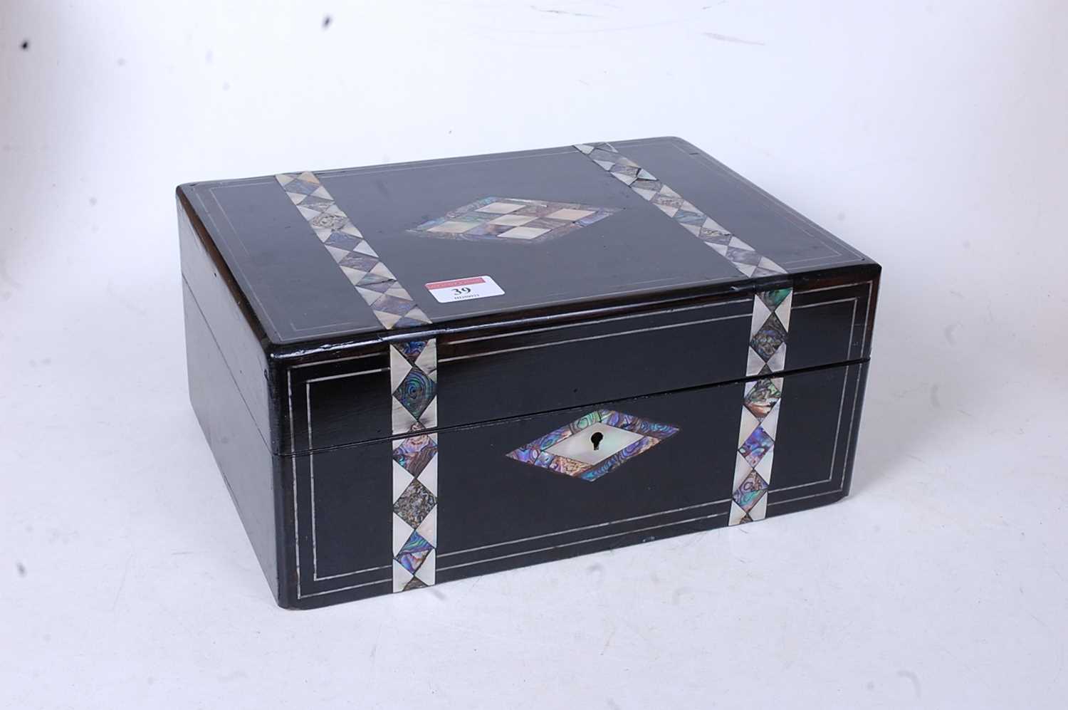 A Victorian ebonised mother of pearl and paua shell inlaid lady's work box, the hinged lid opening - Image 2 of 3