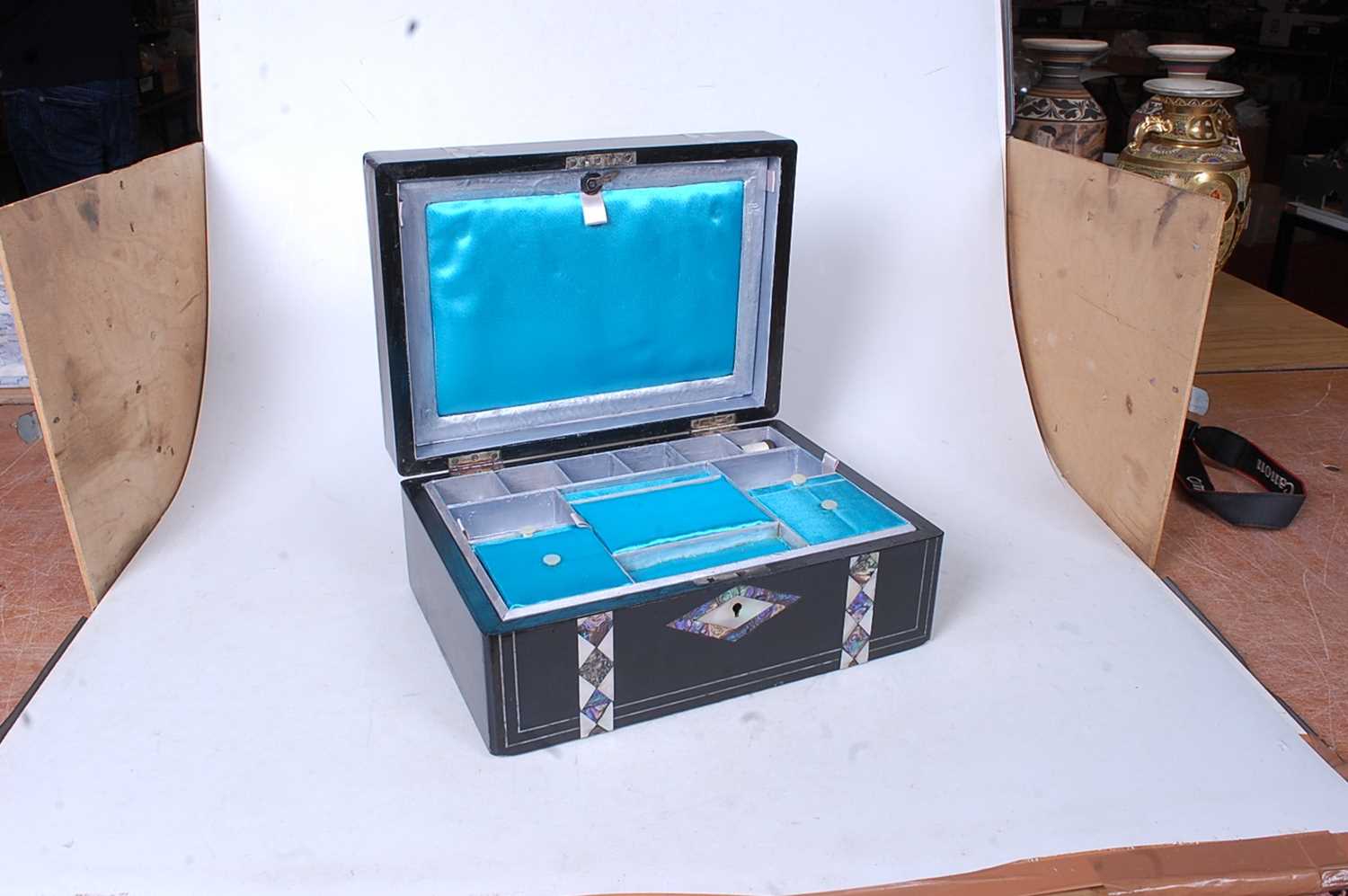 A Victorian ebonised mother of pearl and paua shell inlaid lady's work box, the hinged lid opening - Image 3 of 3