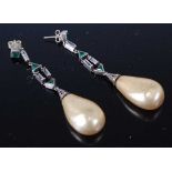 A pair of Art Deco base metal faux pearl and paste set drop ear pendants, 6.5cm