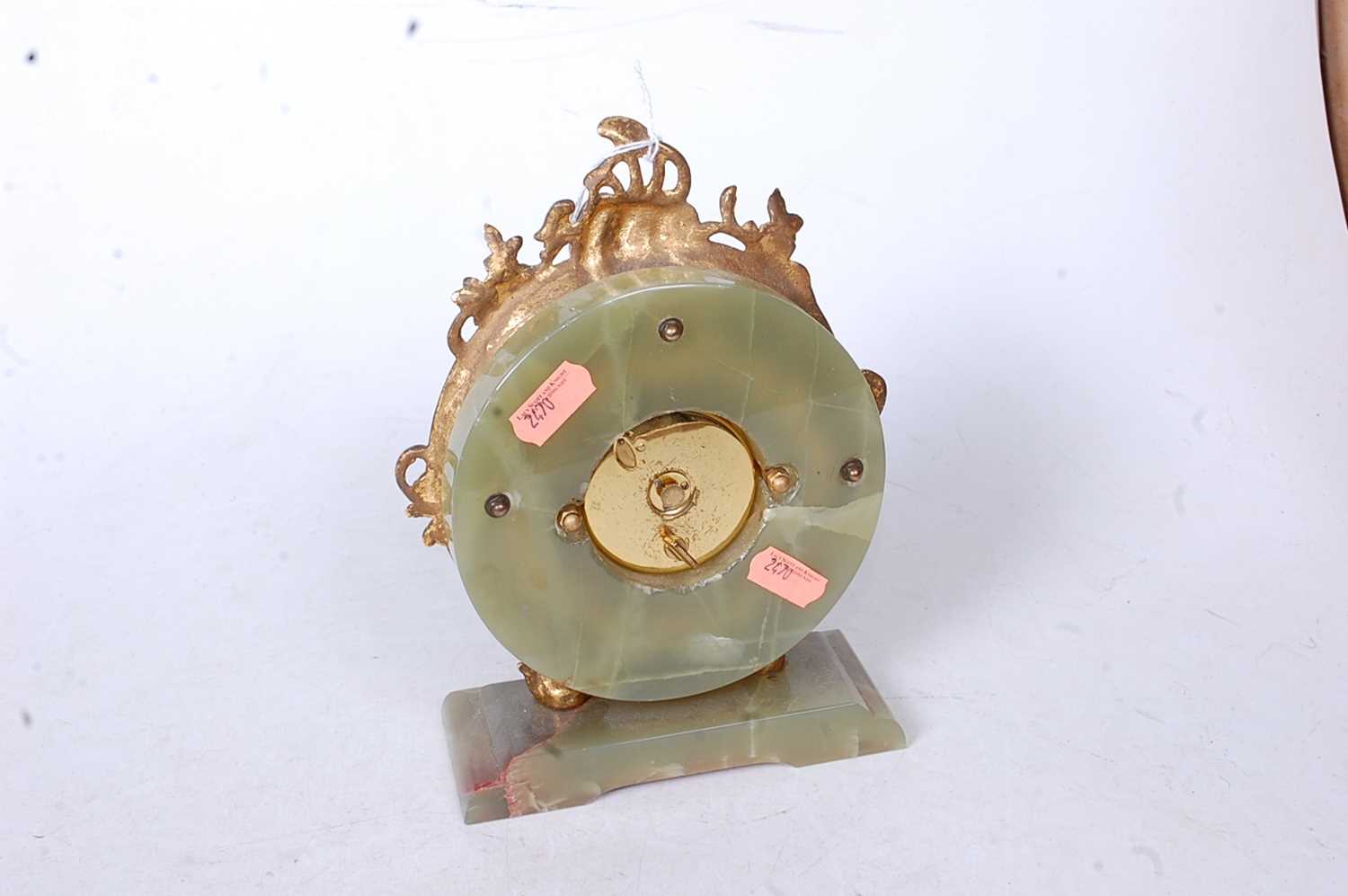 A Rococo style green onyx and gilt metal mounted mantel clock, the circular dial with Roman numerals - Image 2 of 2