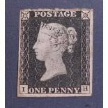 An unused Victorian Penny Black postage stamp, plate 7, I H. (1)